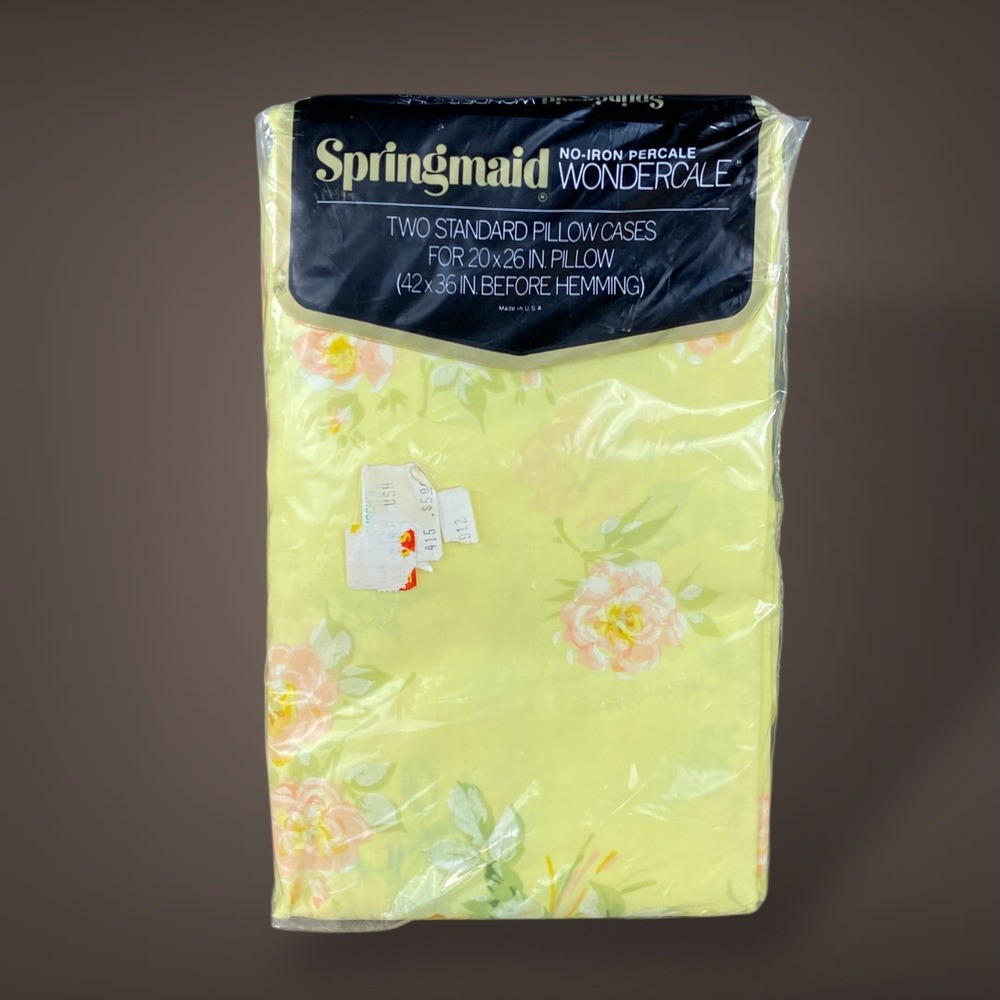 Springmaid Wondercale Pillowcases Vintage Floral Yellow Percale Set 1970s 1980s‎